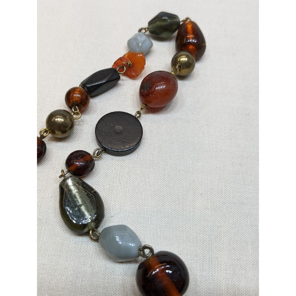 Beggars Beads Necklace Agate Stone Glass Wood Tone Boho Gold Tone ~32" - Picture 4 of 6